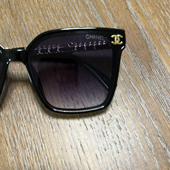 Chanel Black & Gold with black leather band on arms Square Sunglasses - Picture 2 of 6